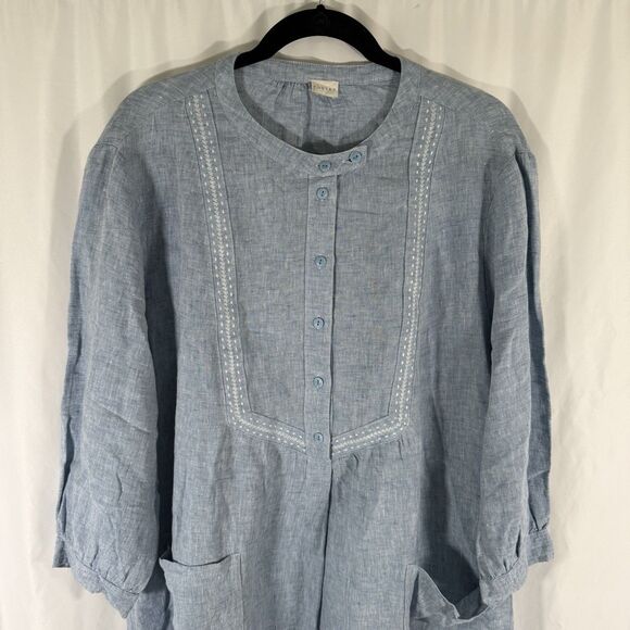 Potery 100% Linen Maxi Dress Womens 18 Blue Front Pockets Long Sleeve Round Neck - Picture 2 of 14